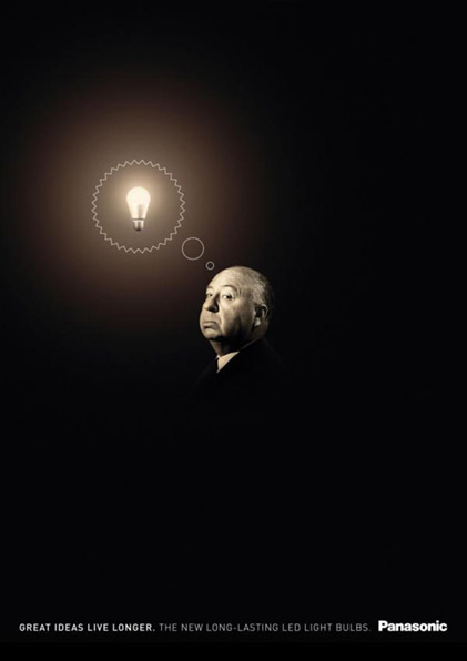 Panasonic ad. Alfred Hitchcock with a light bulb inside a thought balloon.