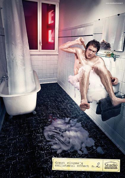 A frightened man bathing in the motel suite's bathroom sink instead of the nearby shower.